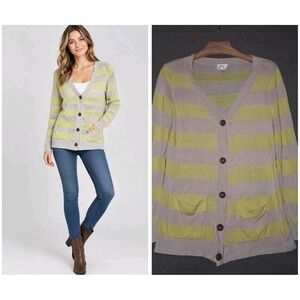 Milly of New York Tan Yellow Stripe Linen Button Front Tunic Knit Sweater Size L